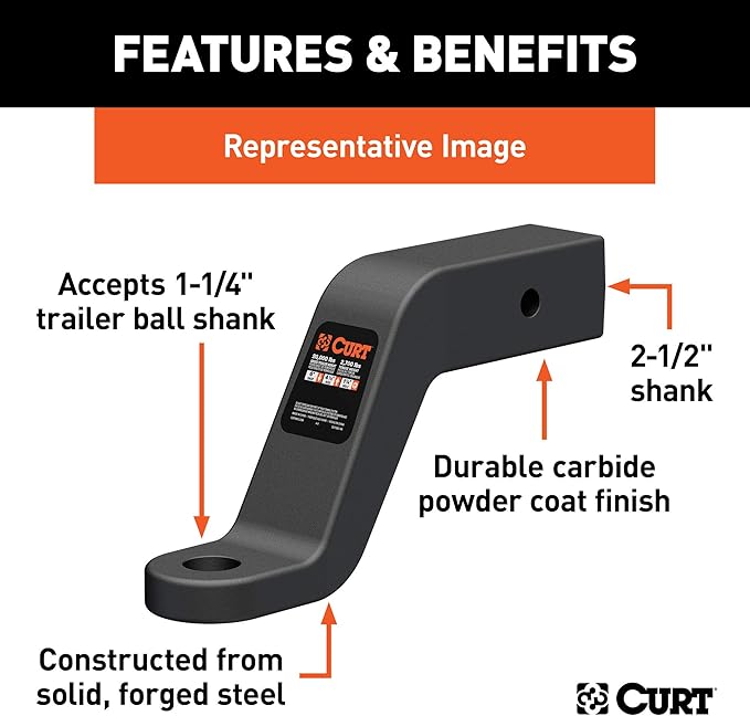 CURT 45456 Commercial Duty Forged Trailer Hitch Ball Mount, Fits 2-1/2-Inch Receiver, 20,000 lbs, 1-1/4-Inch Hole, 2-Inch Drop, 1/2-Inch Rise