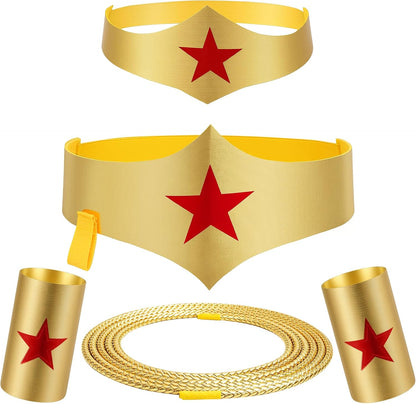 Halloween Woman of Wonder Costume Accessories Cosplay Set: Gold Tiara, Belt, wrist bands, 3 Meters Lasso