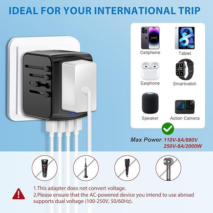 Universal International Travel Power Adapter, All in One Wall Charger with High Speed 2.4A 3xUSB, 3.0A Type-C, European Adapter, Worldwide AC Outlet Plugs for UK, CA, EU, AU, Asia (Gray Black)