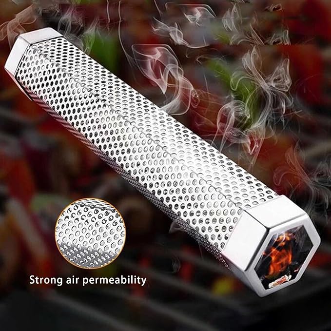 Pellet Smoker Tube, Pellet Charcoal BBQ Net, Stainless Steel BBQ Wood Pellet Tube Smoker with Ventilation Holes, Easy to Clean Reusable Grill Accessory for BBQ, Camping Essential 12Inch