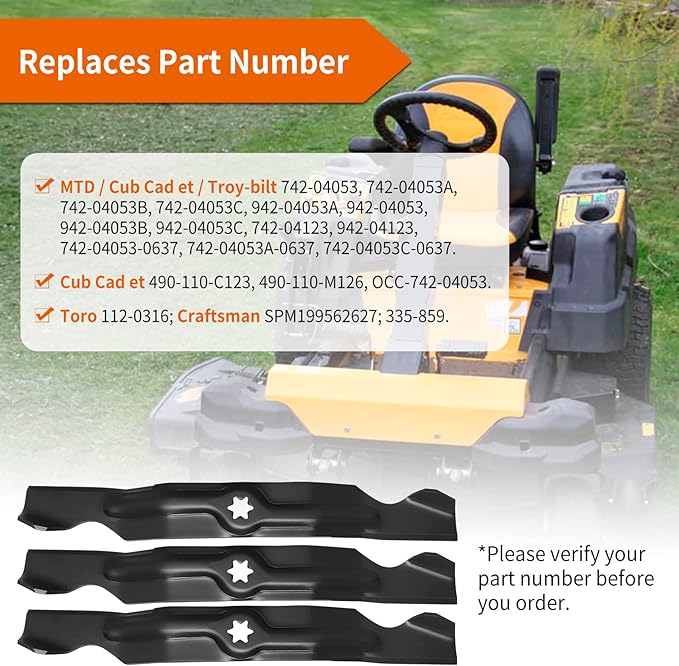 942-04053C Mower Blades for 50" Lawn Tractors, 742-04053 High Lift Blade Fit for Cub-Cadet Troy Bilt RZT 50 LT1050 LTX1050 50" Deck 742-04053A 742-04123, 942-04123, 3 Pack