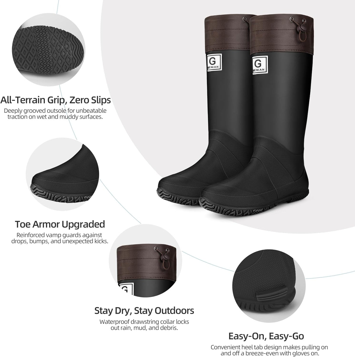 Wasserflux Women’s Mid-Calf Rain Boots – Waterproof Foldable Rubber Boots with Adjustable Cuff, Anti-Slip Sole, Lightweight for Gardening & Outdoor Work