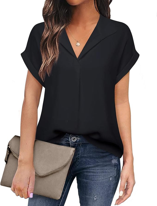 Timeson Women's Short Sleeve Chiffon Blouses for Office Work Business Attire Collared Shirts