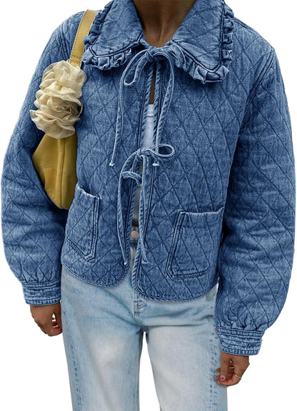 Medium Size, Tankaneo Womens Quilted Denim Puffer Jackets Tie Front Bow Cropped Puffy Jackets Fall Cute Short Jeans Coat.