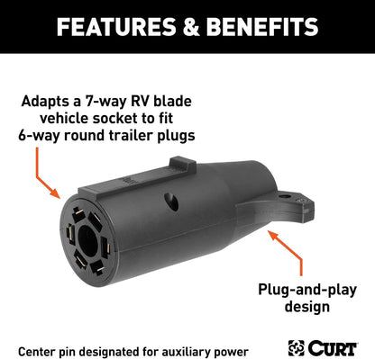 CURT 57260 7-Way RV Blade to 6-Way Round Trailer Wiring Adapter