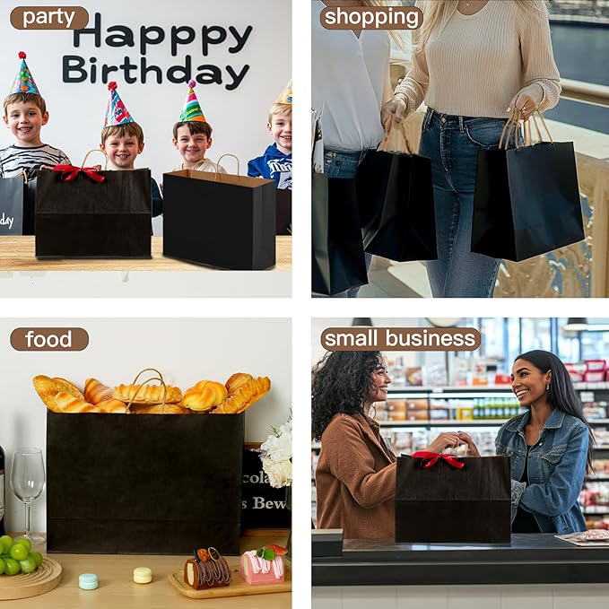 OUTUXED 60pcs 16x6x12 Inch Black Paper Bags with Handles, Kraft Large Paper Gift Bags for Business, Merchandise, Gifts, Shopping, Retail Stores, Birthday Party