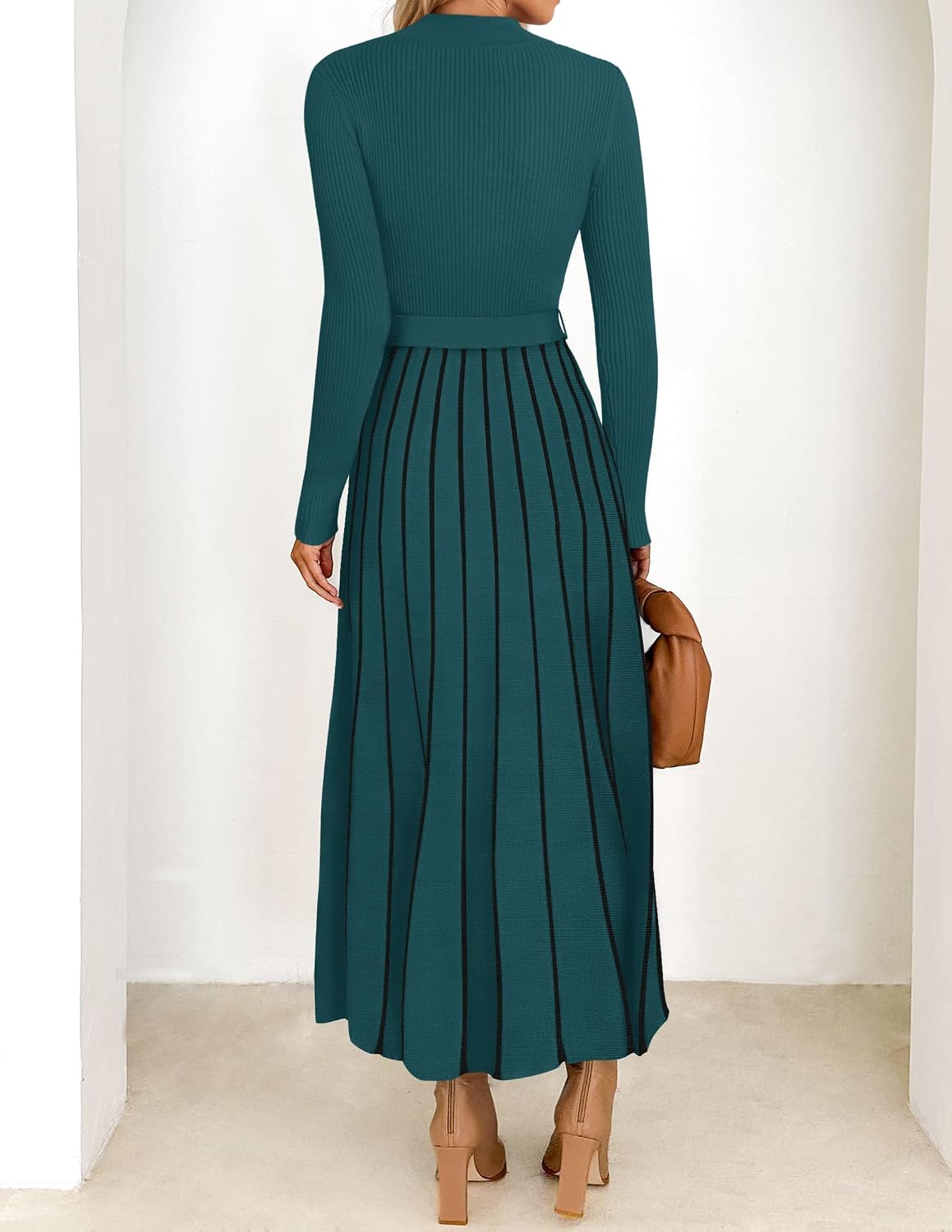 ZESICA turtleneck sweater dress, soft, stretchy ribbed knit, flattering A-line silhouette, casual yet trendy look.