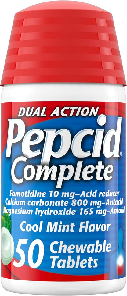 Pepcid Complete Acid Reducer  Antacid Chewables, 10mg Famotidine, 800mg Calcium Carbonate  165mg Magnesium Hydroxide per Heartburn Medicine Tablet, Antacid Chews, Mint, 50 ct