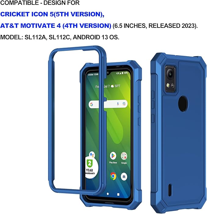 Ailiber Case for ATT Motivate 4, Cricket Icon 5 Phone Case with Screen Protector, Dual Layer Structure Protection, Shockproof Corners TPU Bumper, Military Grade Protective Cover for Motivate 4-Blue