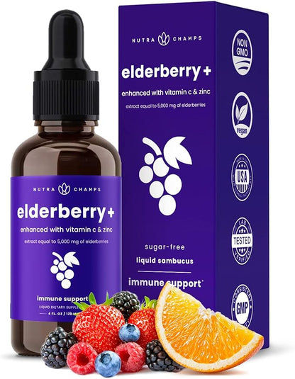 NutraChamps Organic Elderberry Syrup - 5000mg Elderberry Extract with Vitamin C  Zinc - Black Elderberry Liquid Drops - Sugar-Free Immunity Booster, Vegan, Gluten-Free Elderberry Supplement