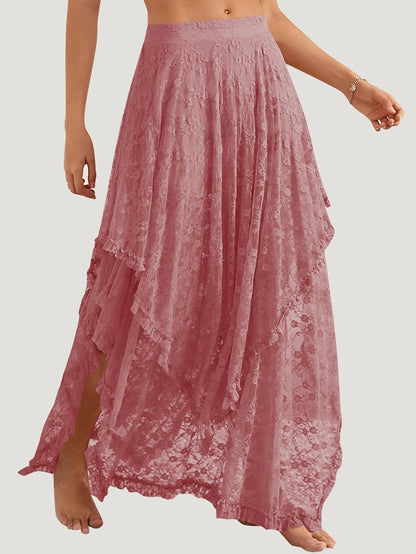 YKR Womens Lace Long Skirts Elastic Asymmetrical Layered Hem Sexy See-Through Flowy Skirts Floral Beach Maxi Skirt.