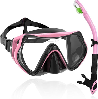 WACOOL Professional Snorkeling Snorkel Diving Scuba Package Set with Anti-Fog Coated Glass Purge Valve and Anti-Splash Silicon Mouth Piece for Men Women (Kids,Pink)