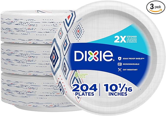 Dixie Large Paper Plates, 10 Inch, 204 Count, 2X Stronger, Microwave-Safe, Soak-Proof, Cut Resistant, Disposable Plates For Everyday Breakfast, Lunch,  Dinner Meals