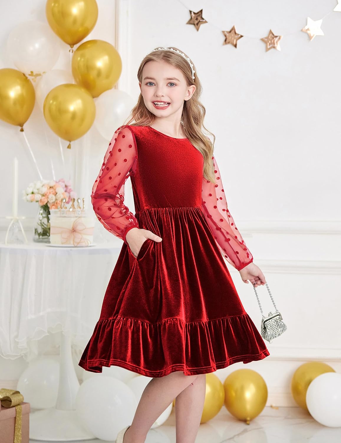 Arshiner Girls Dresses Contrast Mesh Velvet Long Sleeve A-Line Vintage Party Dress with Pockets