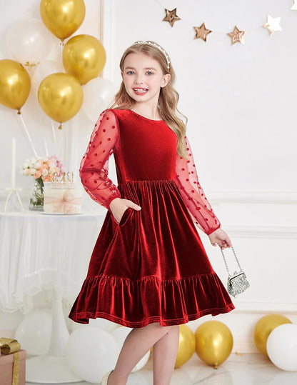 Arshiner Girls Dresses Contrast Mesh Velvet Long Sleeve A-Line Vintage Party Dress with Pockets