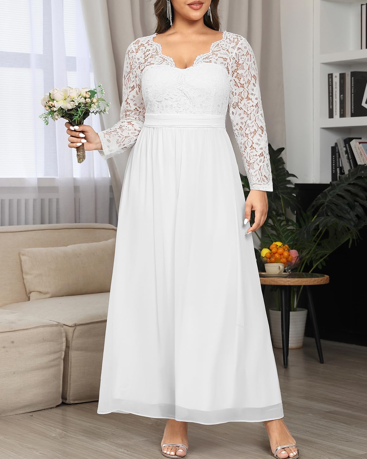 Talisea Plus Size Formal Wedding Dresses - Gowns Evening Prom Elegant V Neck Long Sleeve Lace Chiffon Long Maxi Dress