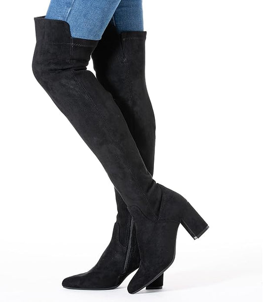 N.N.G Women Over the Knee Boots Thigh High Suede Black Block Low 2 Inch Heel Chunky Above Knee Winter Pointed toe
