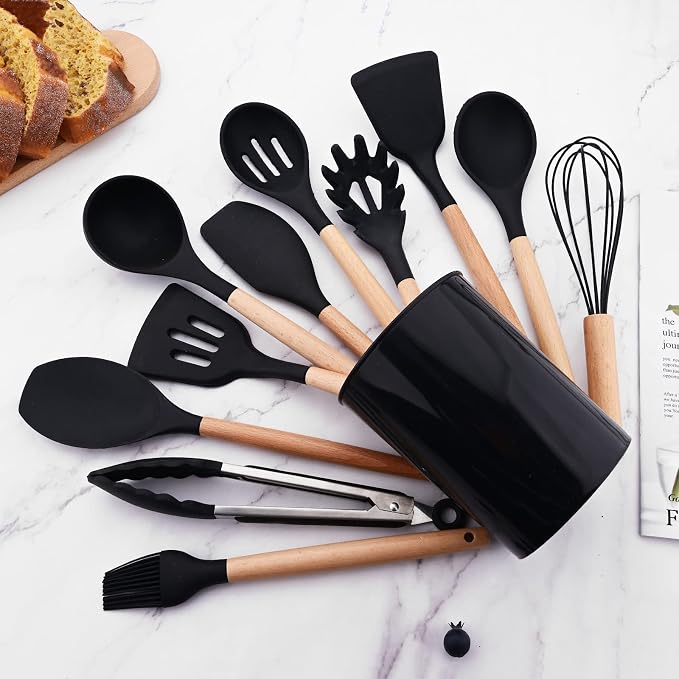 1pcs Black Silicone Balloon Whisk,Heat Resistant Non Scratch Coated Kitchen Whisk with Wooden Handle for Blending Whisking Beating Stirring Cooking Backing