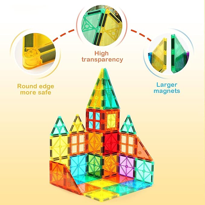 Ziggzo Magnetic Tiles for Kids Ages 4-8 | 100 Magnet Tiles with Storage Bag and 2 Cars | STEM Building Blocks for Creative Learning