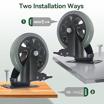 5 Inch Caster Wheels, Casters Set of 4 Heavy Duty, BZOLIHEU Locking Casters, Silent Top Plate Swivel Caster with Brake, Grey Polyurethane Castor Wheels for Furniture and Workbench Cart