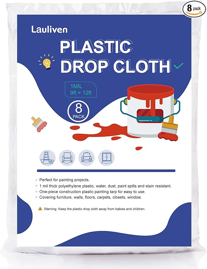 8-Pack Plastic Drop Cloth, 9x12 Feet Clear Plastic Painting Tarps Waterproof, 1 Mil Thick Drop Sheet for Furniture Couch Floor Cover