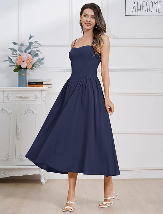 Women Floral Corset Dress Boho Spaghetti Strap Lace Up Casual Midi Dresses with Pockets Low Cut Flowy Bustier Sundress