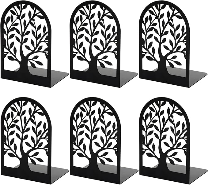 Umikk Book Ends, Bookends for Shelves, Tree Book End to Hold Books, Metal Bookend Stopper, Non-Skid Book Holder, Black Book Supports for Office Home Kitchen, Modern Decorative Bookends(3 Pair6 Pcs)