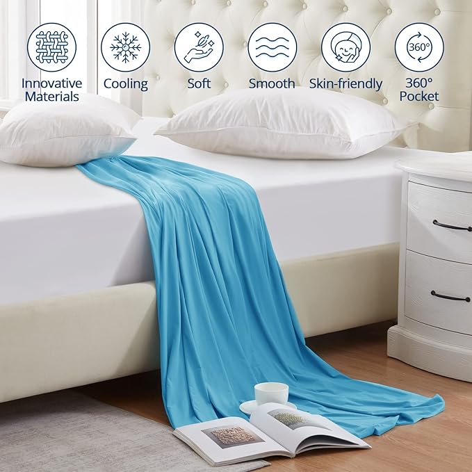 ELEMUSE Pengucool™ Cooling Fitted Sheet, Ultimate Coolness, Luxurious Soft for Hot Sleepers, Fitted Bottom Bed Sheet Only with Deep Pocket, Snug Fit Up to 21" Mattress (Blue, Queen)
