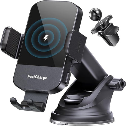 CHGeek Wireless Car Charger, 15W Fast Charging Auto Clamping Car Charger Phone Mount Phone Holder fit for iPhone 16 15 14 13 12 Pro Max 11 XR XS, Samsung Galaxy S24 Ultra S23 S22 S21, S20, S10+, Black