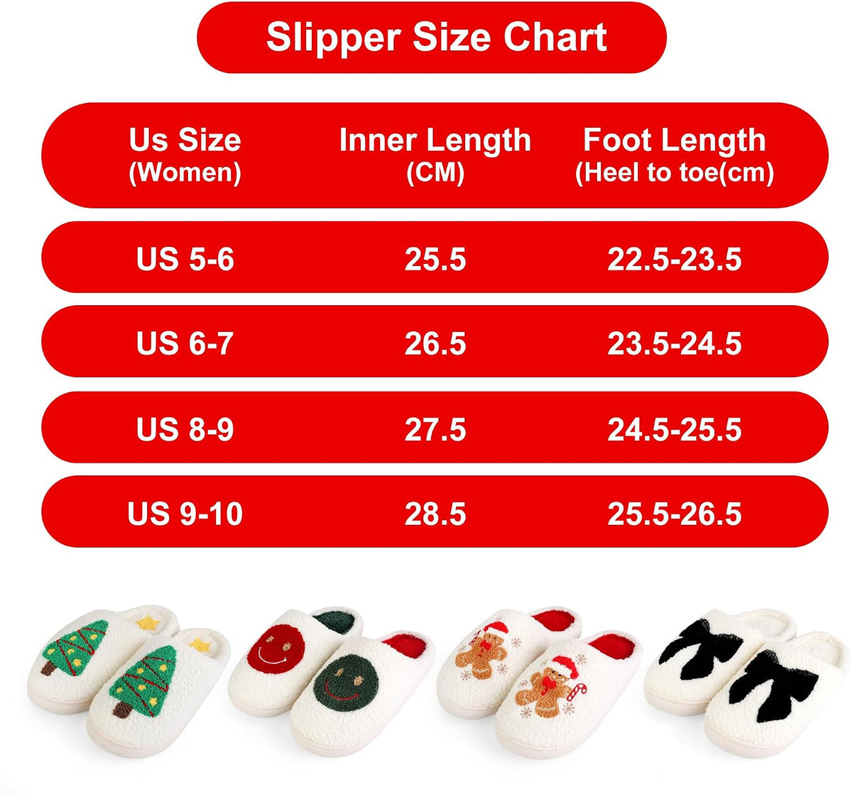 Size 9-10. HAJOYHA Christmas Slippers for Women Men, Soft Slip-On House Winter Plush Fluffy Cute Slippers for Holiday Xmas Bedroom Indoor Outdoor Use(Bowknot,Gingerbread)
