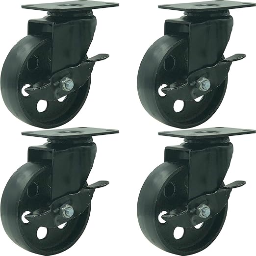 Seleq All Black Metal Plate Caster Wheel with Side Break 4" Set of 4