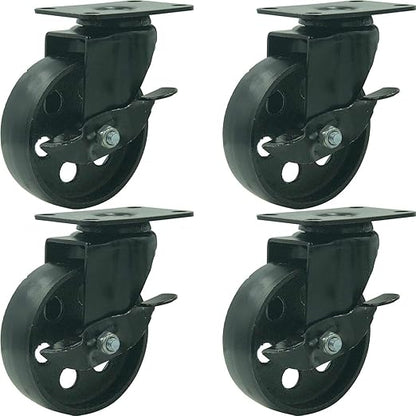 Seleq All Black Metal Plate Caster Wheel with Side Break 4" Set of 4