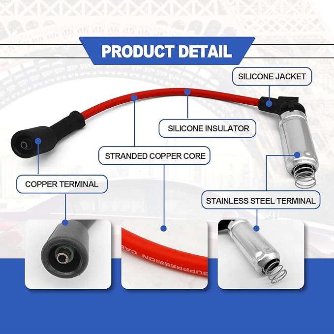 8 PCS Spark Plug Ignition Wire, 10.2mm Spiral Wound Design, Spark Plug Wire Set Compatible with 2000-2009 Chevy GMC V8 Engine, Replace# 48322R