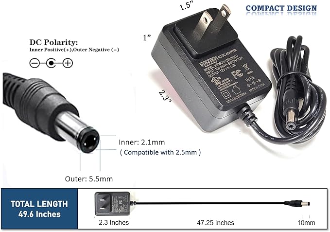 12V 1A 12W Power Supply Adapter, 5.5 x 2.12.5mm, 100-240V AC to DC 12V 1000mA ACDC Power Converter Transformer for CCTV Security Camera, LED Strip Lights, Router, etc. UL Listed