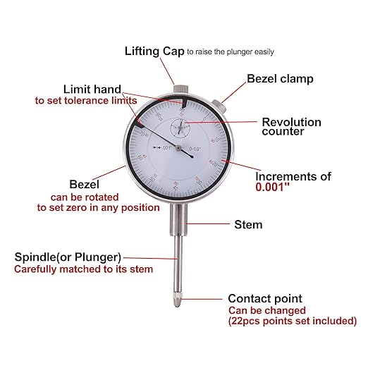 Dial Indicator with Magnetic Base Holder Fine Adjustable Long Arm 0-1" Magnetic Dial Indicator Professional Dial Gauge 0.001"
