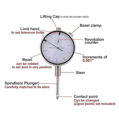 Dial Indicator with Magnetic Base Holder Fine Adjustable Long Arm 0-1" Magnetic Dial Indicator Professional Dial Gauge 0.001"