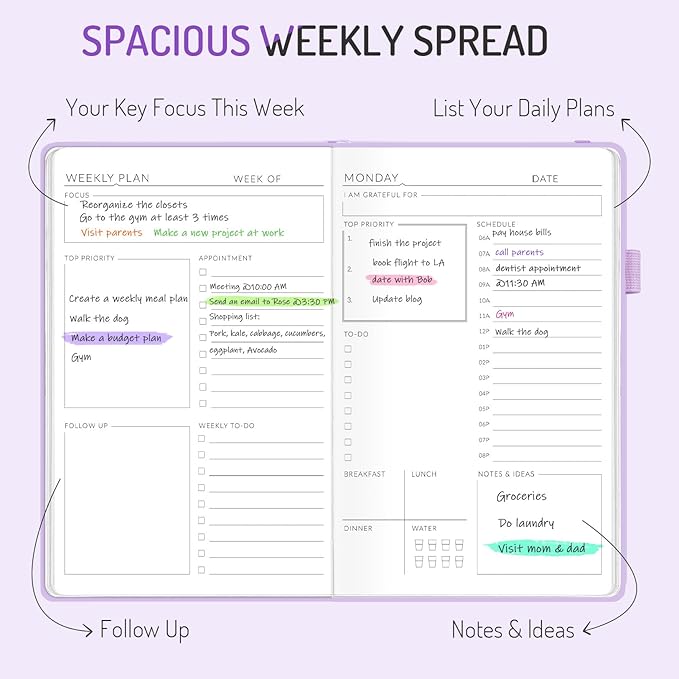 Undated Weekly Planner for 2025, Forvencer Simplified Daily  Weekly  Monthly Calendar Planner, Cute Daily Organizer Notebook, Agenda Journal to Track Goals  Tasks, Start Anytime, A5 Size, Purple
