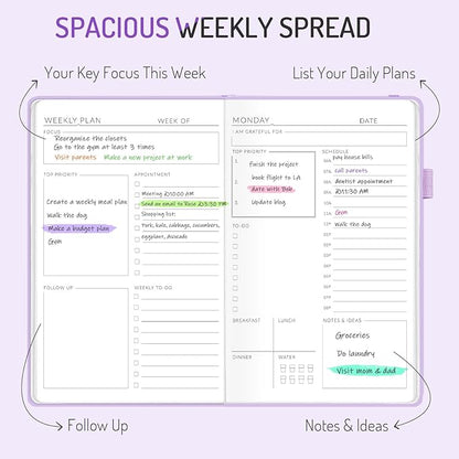 Undated Weekly Planner for 2025, Forvencer Simplified Daily  Weekly  Monthly Calendar Planner, Cute Daily Organizer Notebook, Agenda Journal to Track Goals  Tasks, Start Anytime, A5 Size, Purple
