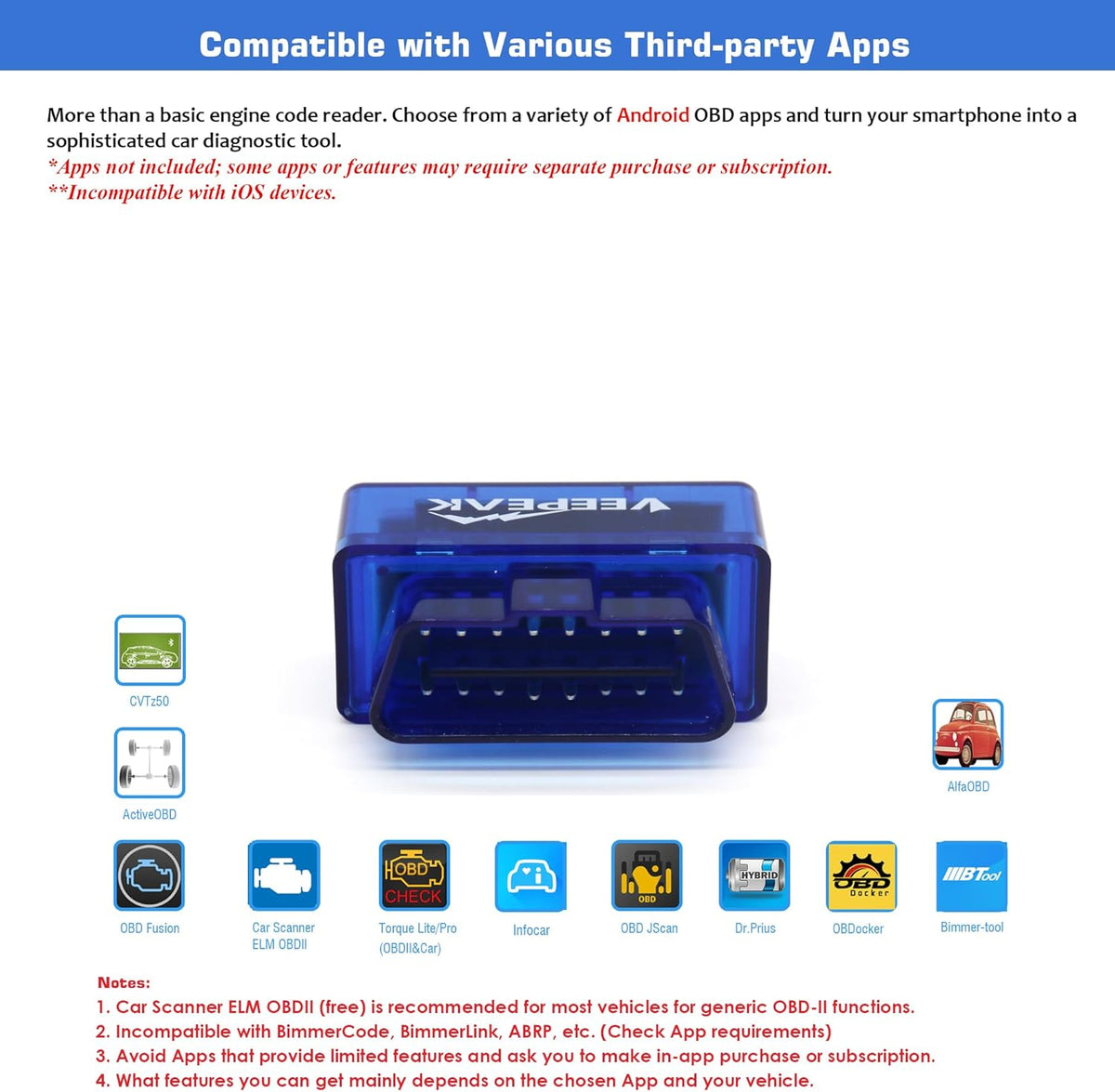 Veepeak Mini Bluetooth OBD2 Scanner Code Reader for Android (NOT for iOS) Incompatible with iPhone or iPad. Check engine light diagnostics & live data for Android. Supports Torque & Car Scanner App.
