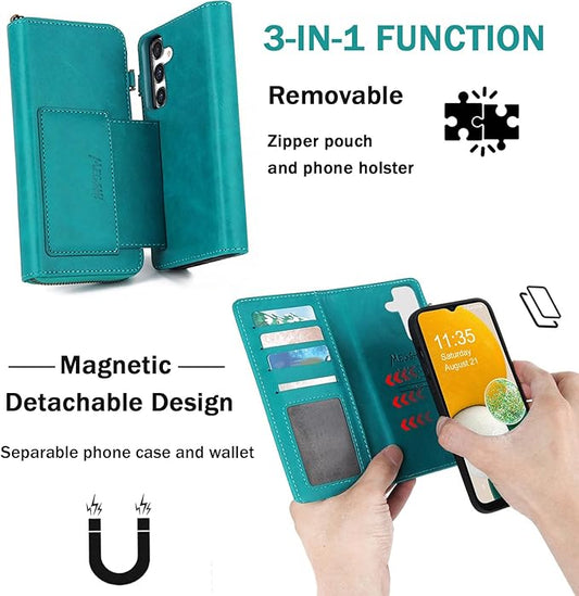for Samsung Galaxy A13 5G Wallet Case,Multi-Function Wallet Case, Detachable 3 in 1 Magnetic Galaxy A13 Case Wallet,Flip Strap Zipper Card Holder Phone Case with Shoulder Straps(Blue)
