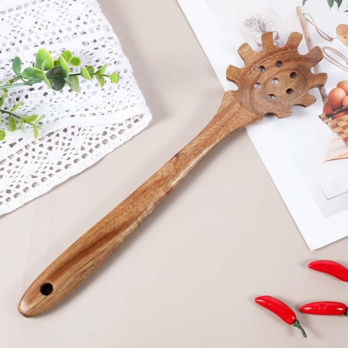Wooden Pasta Spoon with Teeth 13 Inch Wooden Slotted Spoon Spaghetti Fork for Serving Pasta Long Hand Serving Utensils Wood Spaghetti Server Spoons Spatula Tool