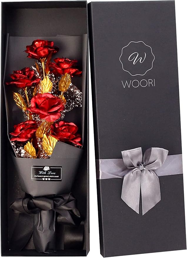 WOORI Gold Rose Bouquet, Gold-Plated Artificial Golden Foil Rose Gift