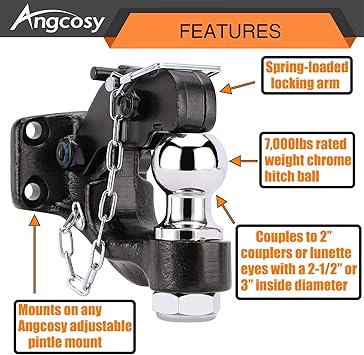 10-Ton Pintle Hook Trailer Hitches Receiver Hook Combination 2 Hitch Ball with Mounting Kit, 7000 lbs