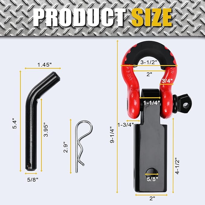 2" Shackle Hitch Receiver with 34" Red D Ring Shackles, 58" Screw Pin, Pickup Truck Shackle Receiver Has A Break Strength of 45,000Lbs, Towing Accessories for Truck Jeep Recovery Work