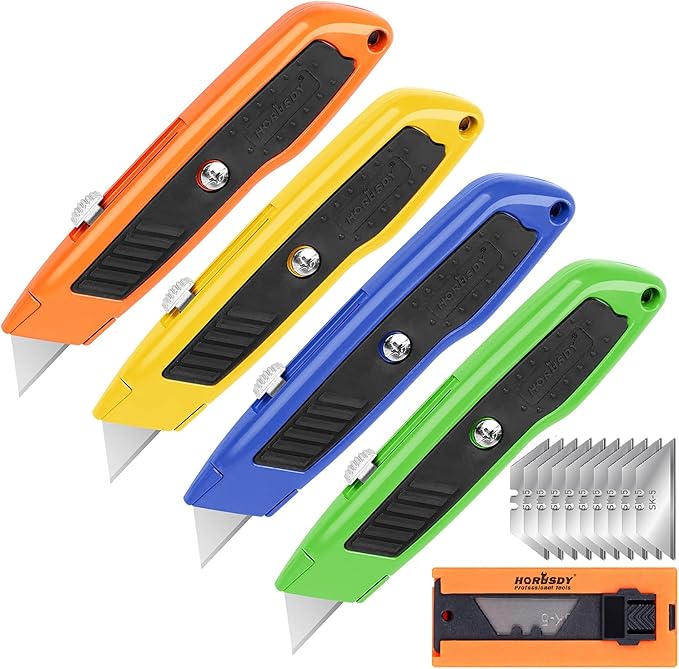 HORUSDY 4-Pack Box Cutter Utility Knife, Heavy Duty Aluminum Shell Retractable Box Cutter for Cardboard, Boxes and Cartons, Extra 10 Blades