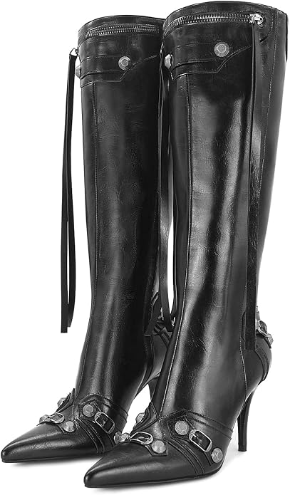 Sleek pointed-toe knee-high boots with stiletto heel, rivets, and tassels - a stylish statement piece. You don't want to miss it! https://a.co/d/0eSH5bug