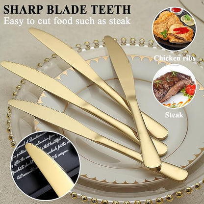 Gold Dinner Knives Set of 12 Pieces, Stainless Steel Titanium Gold Plating Butter Knife, Table Knives for Home, Restaurant, Hotel, Wedding, Events