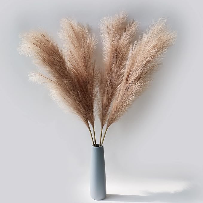 4pcs Faux Pampas Grass Tall 43” / 3.6ft, Non-Shedding Large Artificial Fluffy Reed Fake Flower Feather Arrangement for Floor Vase Filler Boho Farmhouse Home Wedding Decor (Light Brown)