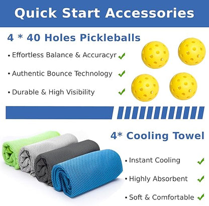 Pickleball Paddles, Pickleball Set with 4 Premium Wood Pickleball Paddles, 4 Cooling Towels, 4 Pickleball Balls & Carry Bag, Pickleball Paddle with Cushion Comfort Grip, Gifts for Men Women