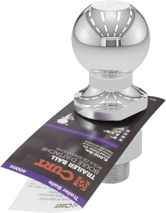 CURT 40004 Chrome Trailer Hitch Ball, 6,000 lbs, 2 Inch Diameter, 1 x 2-1 8 Inch Shank